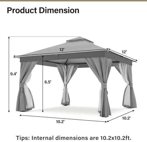 LAUSAINT HOME 12x12 Gazebo with Lights, Netting, Curtains & Double Roof