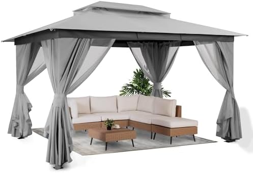 LAUSAINT HOME 10x13 Gazebo Canopy with Netting, Curtains & Double Roof