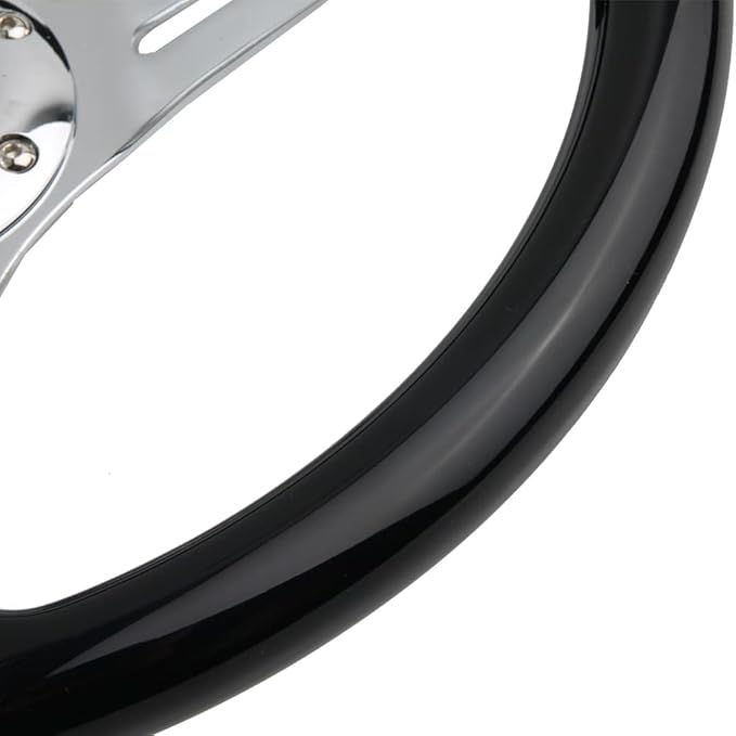Classic Black Car Racing Steering Wheel Chrome Silver Spokes 14" Flat Dish Sports Wood Grain Steering Wheel Anti-slip with Horn Button