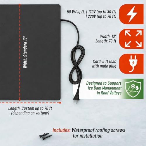 Roof Valley Ice Dam Heater Mat, Snow Melting Deicing System, 5 ft x 13 in