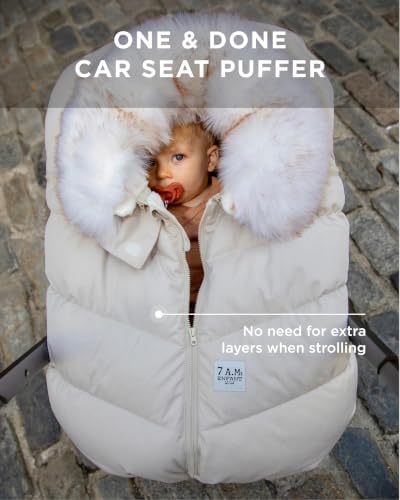 7AM Enfant Car Seat Covers - Cocoon Baby Cover for Boys & Girls, Rain & Snow Repellent, Breathable Windproof, Center Zipper, Universal Fit for Infant Car Seat (0-12M) (White Faux Fur)