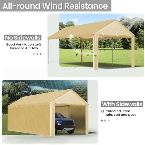 Morngardo Carport 10'x20' Heavy Duty Car Canopy Portable Garage with Removable Sidewalls & Doors for Truck Boat Car Port, Party, Storage (Khaki)