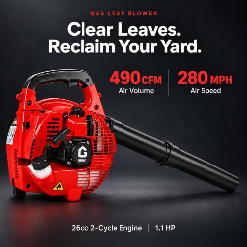 Gas Handheld Leaf Blower,490 CFM,280 MPH,Powerful Yard Cleanup