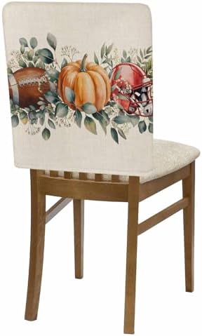Thanksgiving Pumpkin Chair Back Covers Set of 8 Football Helmet Eucalyptus Leaf Linen Watercolor Washable Removable Chair Cover Slipcover Protector for Dining Room Hotel Party Holiday Decor