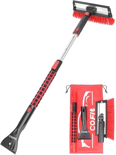 COFIT 39" Car Snow Brush with Ice Scraper and Squeegee 3 in 1, Extendable Cleaning Kit Long Handle, Windshield Snow Removal Tool Scratch Free for SUV Truck RV Window Roof Exterior Wash Supplies, Red