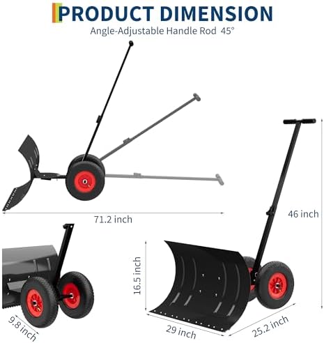 Large Black Wheeled Snow Shovel for Driveway - Heavy Duty Adjustable Snow Pusher with 5-Position Angle & Height Handle - Ergonomic Design for Back-Save Effort Snow Removal, 30" W x 18" H