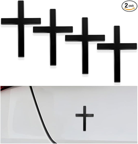 DXNQ 4PCS Metal Jesus Christ Cross Badge Stickers, 2.5"×1.8" Alloy 3D Individual Car Cross Sticker, Self Adhesive Scratch Covering Cross Emblem Decal for Car Body Fender Tail (Black)