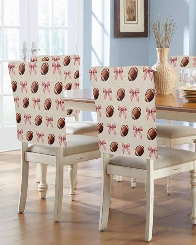 Football Pink Bow Chair Back Covers Set of 6 Vintage Style Watercolor Linen Texture Washable Removable Chair Cover Slipcover Protector for Dining Room Hotel Party Holiday Decor