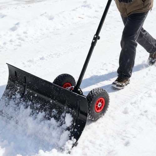 30” Snow Shovel with Wheels, Snow Pusher with Adjustable Angle & Height Handle, Snow Removal for Driveway Sidewalk, Ergonomic Double-Rod Design, Easy Assembly (Single Rod)