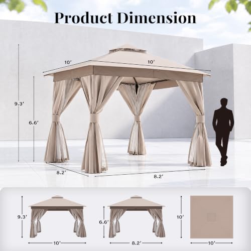 LAUSAINT HOME 10x10 Gazebo with Lights, Netting, Curtains & Double Roof
