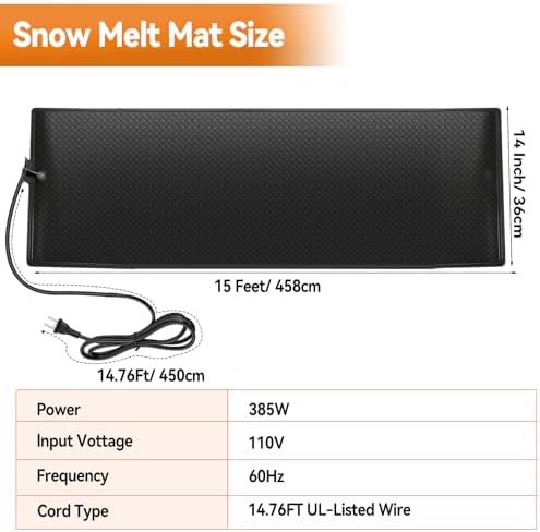 JOJOCY Outdoor Heated Snow Melting Mats, 110V Non-Slip Electric Ice Melting Mats for Driveways, Walkways, Stairs & Sidewalks Weatherproof PVC Heated Mats with 15ft Power Cord (36×458cm(14"×15ft))