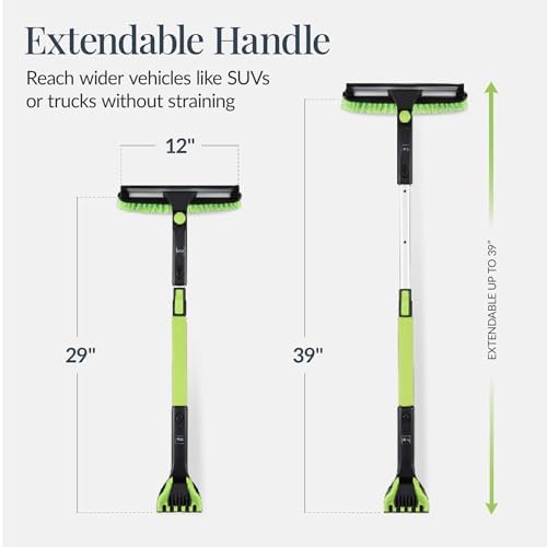 Best Choice Products 4 in 1 Snow Brush with Shovel, Squeegee & Ice Scraper, Up to 39" Extendable Foam Grip, 270° Pivoting Snow Brush for Car Truck SUV, Storage Bag Included - Lime
