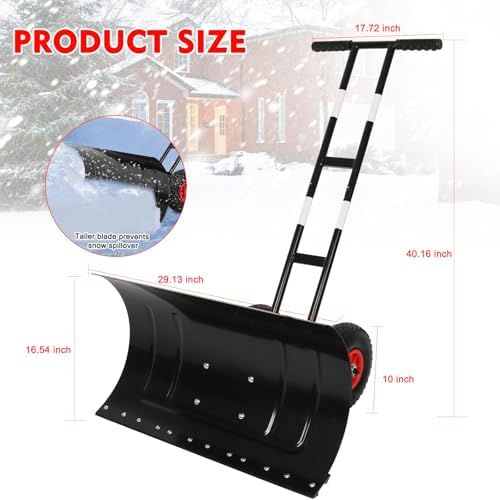Snow Shovel with Wheels, 29" W Snow Pusher Shovel for Driveway, Sidewalk, Yard, Adjustable Angle & Height, High Blade Design, Black