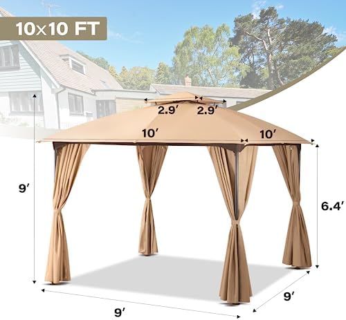 LAUSAINT HOME 10'x10' Patio Arc Gazebo, Outdoor Canopy Tent with Curved Roof Design, Double Tier Top, Privacy Curtains & Wind-Resistant Ropes, Backyard Garden Lawn, Khaki