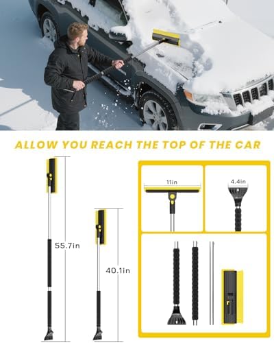 helloleiboo 2025 Extra Long 55.7" Ice Scrapers for Car Windshield Multi-Functional Detachable Car Ice Scraper with Foam Grip and 270° Pivoting Brush Head Snow Brush for SUV Truck Auto(Yellow)