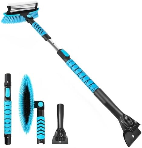 Windshield Ice Scraper Car Brush for Snow 43 inch, 3 in 1 Detachable Snow Scraper with Squeegee, 180° Pivoting Brush Head, Foam Grip, Extendable Snow Removal for Auto Truck SUV Van