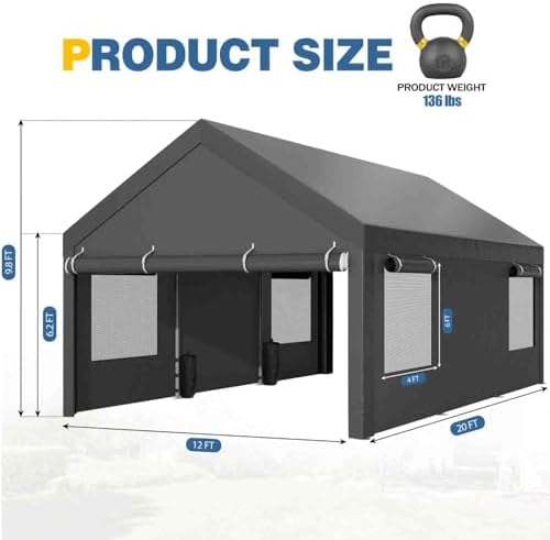 JAMFLY 12x20 ft Heavy Duty Portable Carport Garage, Grey
