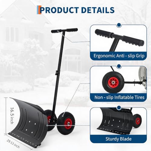 Garvee Heavy Duty Steel Snow Shovel Pusher with Wheels for Driveways, 29In Wide Push Snow Plow Shovel, Adjustable Handle, Angled Blade, Efficient Snow Removal for Easy Driveway & Pavement Clearing