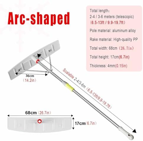 Telescoping Snow Removal Tool with Ice Scraper for Roof and Vehicle Clearing,Arc-Shaped-2–4m/6.6-13ft