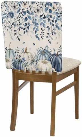 Blue Pumpkin Chair Back Covers Set of 8 Thanksgiving Fall Eucalyptus Leaf Floral Linen Washable Removable Chair Cover Slipcover Protector for Dining Room Hotel Party Holiday Decor