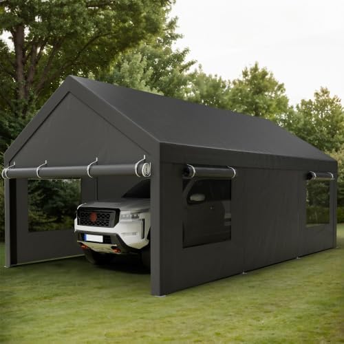 Shintenchi 12x20 FT Heavy-Duty Design Carport,Portable Garage Canopy,Carport Canopy with Side-Opening Removable Door & Roll-Up Window,Portable Car Port for Car, Truck, Boat,Grey