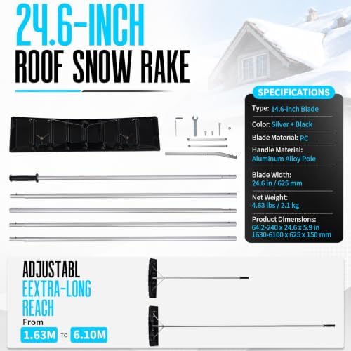 Outvita 20FT 25" Wide Extendable Aluminum Snow Roof Rake, PC Black