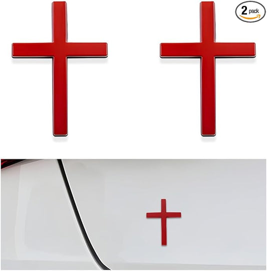 DXNQ 2PCS Metal Jesus Christ Cross Badge Stickers, 2.5"×1.8" Alloy 3D Individual Car Cross Sticker, Self Adhesive Scratch Covering Metal Cross Auto Emblem Decal for Car Body Fender Tail (Red)