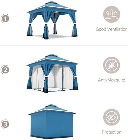 LAUSAINT HOME 10x10 Gazebo Canopy with Netting, Curtains & Double Roof