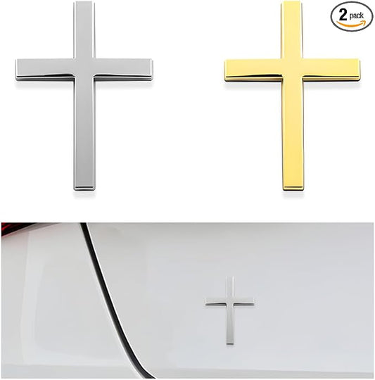 DXNQ 2PCS Metal Jesus Christ Cross Badge Stickers, 2.5"×1.8" Alloy 3D Individual Car Cross Sticker, Self Adhesive Scratch Covering Metal Cross Auto Emblem Decal for Car Body Fender Tail (Silver+Gold)