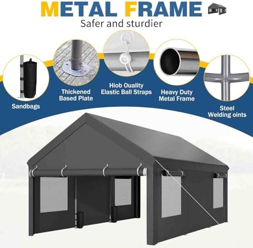 JAMFLY 12x20 ft Heavy Duty Portable Carport Garage, Grey