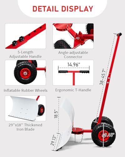 Outvita Snow Shovel with Wheels, 29" Blade Snow Pusher Plow, White & Red