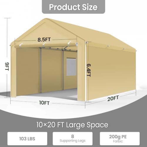 Morngardo Carport 10'x20' Heavy Duty Car Canopy Portable Garage with Removable Sidewalls & Doors for Truck Boat Car Port, Party, Storage (Khaki)