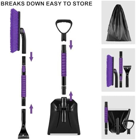 Odoland Ice Scraper with Snow Brush and Snow Shovel, 35" Extendable Snow Remover with Foam Grip, 360° Pivoting Brush Head for Car Windshield, Emergency Snow Scraper for SUV Truck Vehicle, Purple