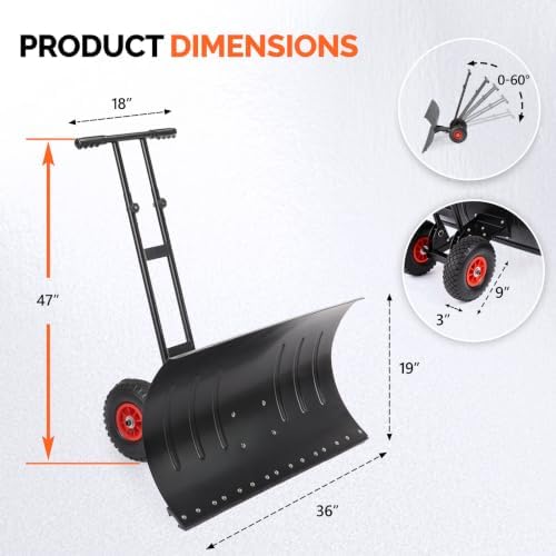VINGLI 36‑Inch Snow Pusher with Wheels, Metal Snow Shovel for Driveway