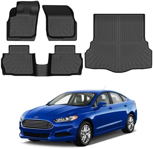 Powerty Floor Mats Cargo Liner for Ford Fusion Gas S/SE/Titanium Model 2013-2016(Not for Hybrid) All Weather 3D TPE Anti-Slip Car Protection, 1st & 2nd Row Set with Rear Cargo Mat Accessories