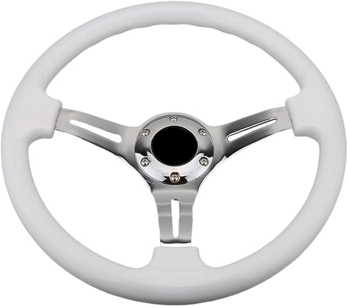 Classic White Car Racing Steering Wheel Chrome Silver Spokes 350mm 13.5" Sports Wood Steering Wheel 6 Bolts Deep Dish With Horn Button