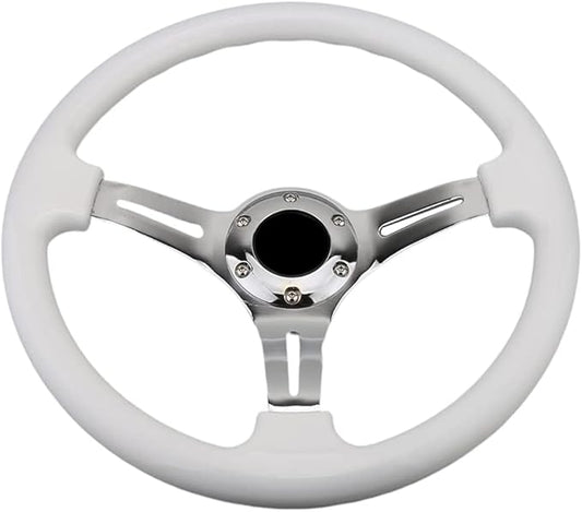 Classic White Car Racing Steering Wheel Chrome Silver Spokes 350mm 13.5" Sports Wood Steering Wheel 6 Bolts Deep Dish With Horn Button
