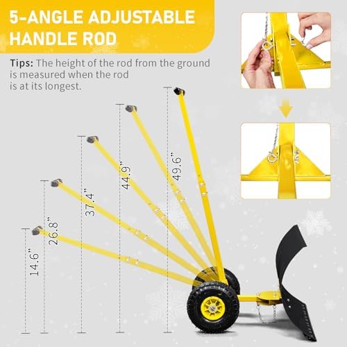 VINGLI Snow Pusher Shovel with Wheels, 29" Adjustable Ergonomic T-Handle Snow Plow for Driveway, Heavy Duty Wheeled Rolling Shovels for Snow Removal, Angle Adjustable (Black & Yellow)