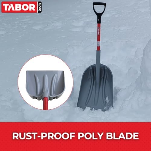 TABOR TOOLS J218A Snow Scoop Shovel with 15 Inch Wide Poly Blade & Fiberglass Handle, Large Scoop Shovel for Driveway, Sidewalk & Deck, Ergonomic D-Grip, Short 26 Inch Handle