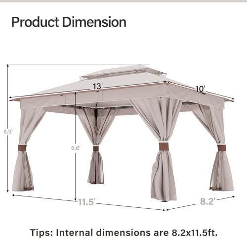 LAUSAINT HOME 10x13 Gazebo Canopy with Netting, Curtains & Double Roof