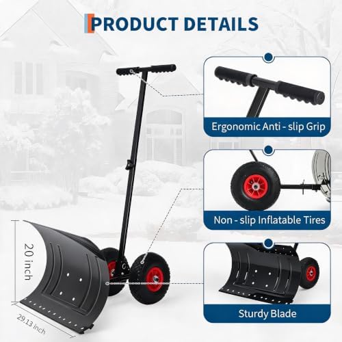 Garvee 30in W x 17in H Snow Shovel with Ergonomic Handle for Driveway, Heavy Duty Push Snow Plow Shovel with Large Adjustable Handle, Angled Blade and Wheels, Snow Removal for Driveway, Courtyard