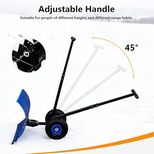 TUFFIOM Snow Pusher Shovel for Driveway with Wheels, 29"/39" Wide Heavy Duty Push Snow Plow Shovel, Wheeled Rolling Snow Shovels for Removal Adjustable Angle & Height Handle (Klein Blue(29 inch))