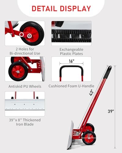 Outvita 39" Snow Pusher Shovel with Wheels and Angled Blade, Red & White