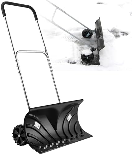 SHANTRA Snow Shovel with Wheels for Driveway, Heavy-Duty Snow Shovel Pusher with 26" x 13" Large Blade for Efficient Snow Removal, Adjustable Handle, U-Shaped Handle, Back Saver Snow Plow for Doorway