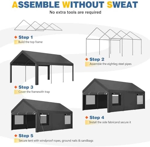 JAMFLY 12x20 ft Heavy Duty Portable Carport Garage, Grey