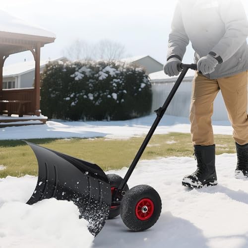 Garvee 30in W x 17in H Snow Shovel with Ergonomic Handle for Driveway, Heavy Duty Push Snow Plow Shovel with Large Adjustable Handle, Angled Blade and Wheels, Snow Removal for Driveway, Courtyard