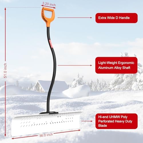 36 Inch Heavy Duty Snow Pusher, Extra Wide Snow Shovel for Driveway, Sidewalk, Patio, Deck & Doorway Snow Removal, Ergonomic Back Saver Snow Plow with UHMW-PE Blade, Non-Slip Grip Handle