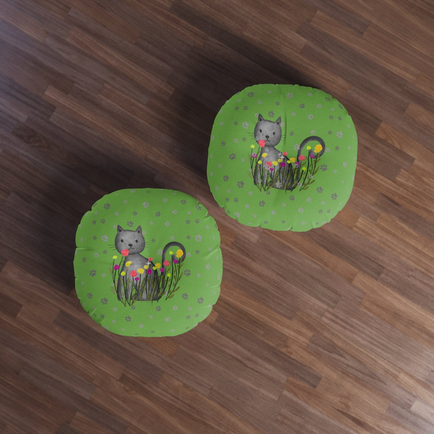 Curious Garden Cat Round Floor Pillow – Green Paw Print Accent Cushion (26" or 30")