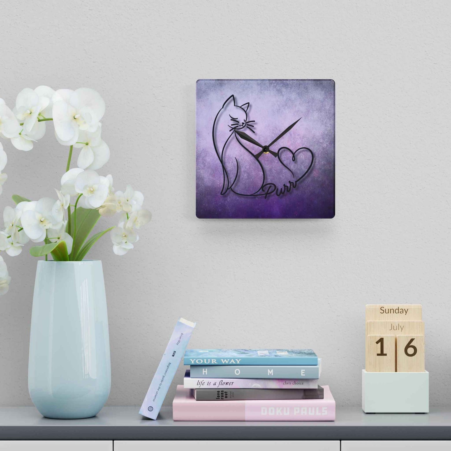 Purr Cat Heart Acrylic Wall Clock – Minimalist Cat Lover Decor