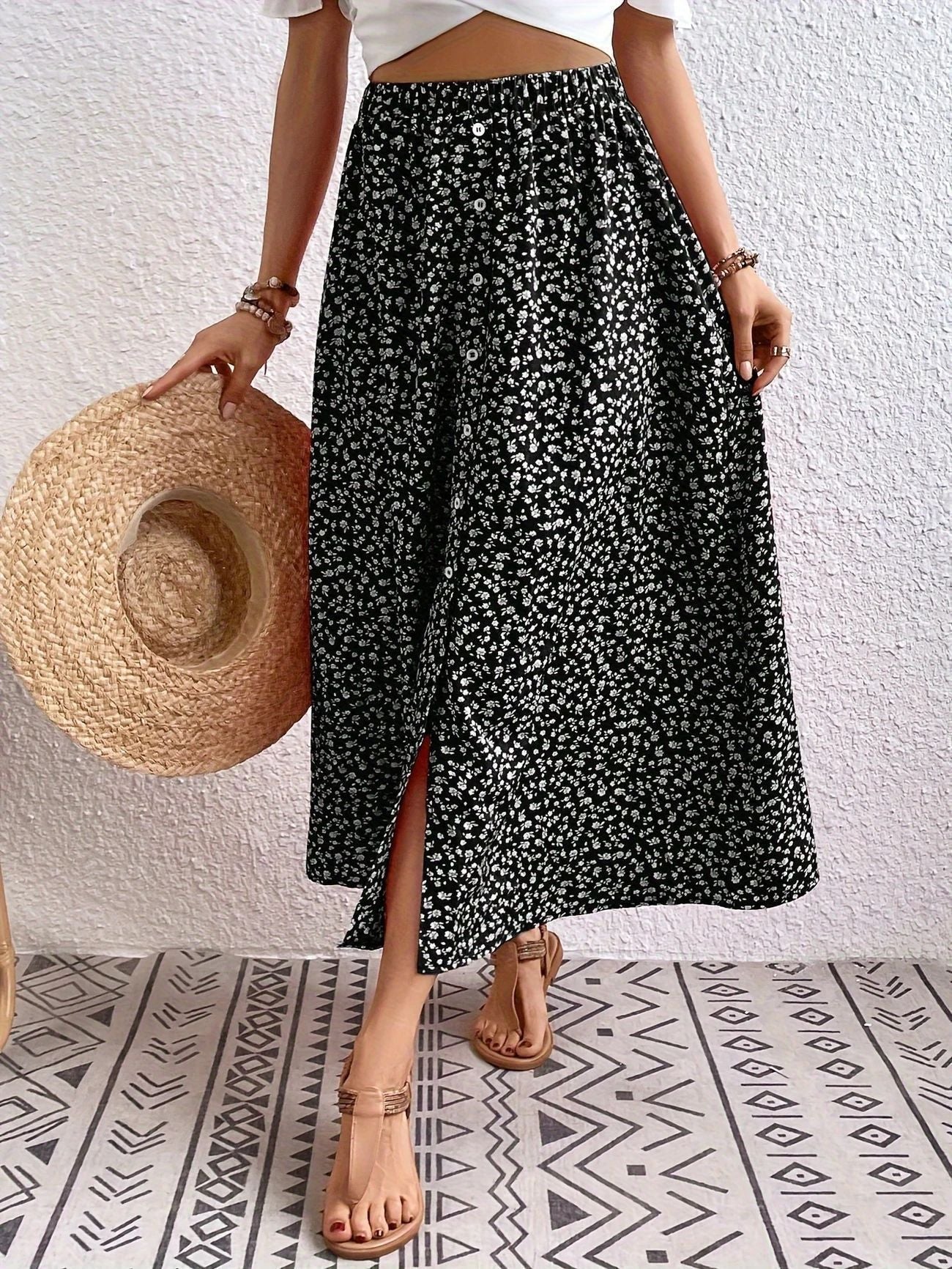European And American Printed Breasted Self-tie Summer Pastoral A- Line Skirt Advanced Skirt